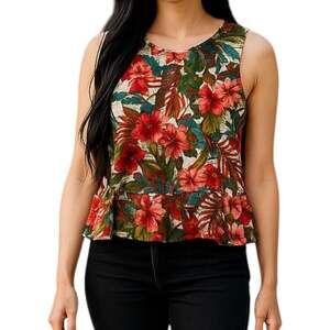 Everly Tropical Floral Peplum Tank Top Red Hibiscus Palm Leaf Summer Blouse S